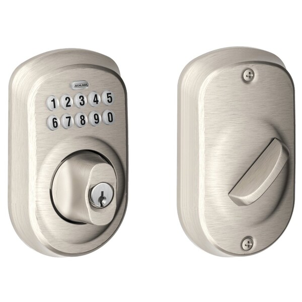 Schlage Residential Grade 2 Pushbutton Deadbolt Lock, Plymouth Trim, Satin Nickel Finish, Keyed Different BE365 PLY 619 KD - main